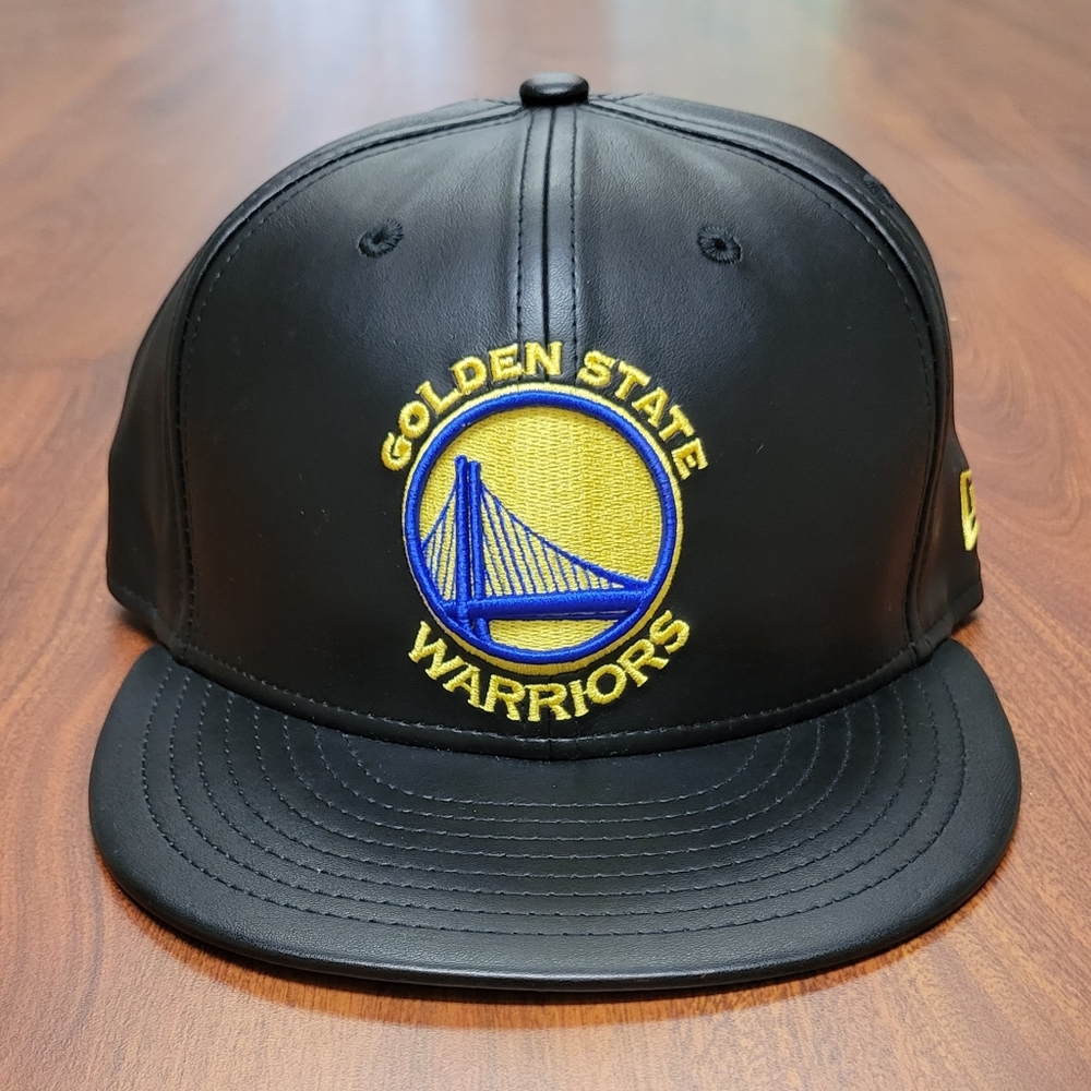 Golden State Warriors New Era Fitted Hat Black Gold Faux Leather Game Cap